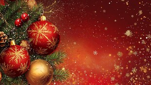 圣诞红金装饰品与飘雪背景