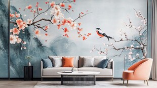 新中式风格的桃花鸟壁画客厅