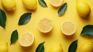 鲜活的柠檬与翠绿的叶子在黄色背景上舞动