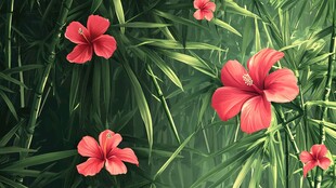 绿意盎然的夏日 红花绽放的热带风情