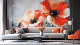 现代风格客厅 灰色调 橙色点缀 抽象花卉墙画