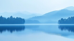 雾蒙蒙的山水画