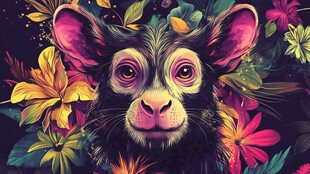 生动的猴子与五彩缤纷的花朵