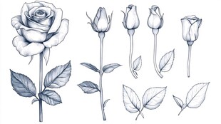 玫瑰花的生长阶段和叶子细节