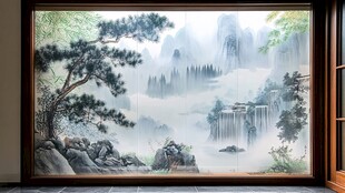 山水画玻璃窗