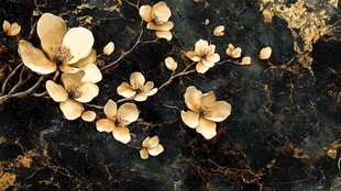 金色花朵在黑色大理石上绽放