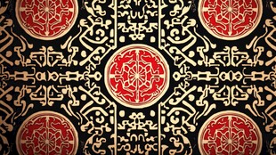 红色圆形图案与复杂线条交织的织物纹理