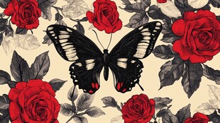 黑白蝴蝶与红色玫瑰的复古图案