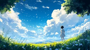 蓝天白云下的动漫少女