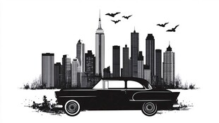城市轮廓与复古汽车剪影