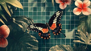 热带蝴蝶与花卉的绿色瓷砖背景