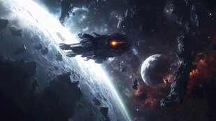 宇宙飞船在陨石场中穿行