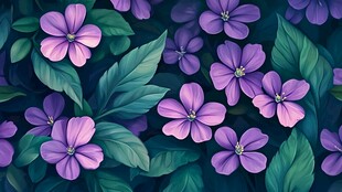 紫色花卉与绿叶的数字绘画