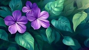 紫色花卉与绿叶的数字绘画