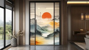 日出山川图案玻璃门