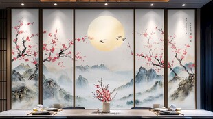 桃花月圆山水画