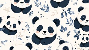 可爱熊猫与蓝色植物的图案