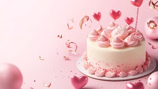 粉色生日蛋糕 爱心气球 彩带飘落