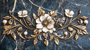 金色花卉装饰在深蓝色大理石背景上