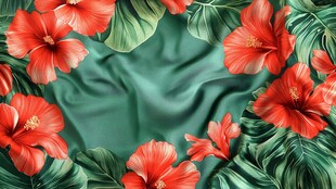 绿色背景上的橙色花朵和绿叶图案