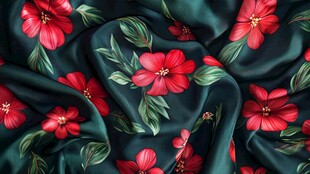 绿色背景红色花卉图案的织物