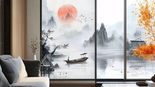 秋月小船山水画