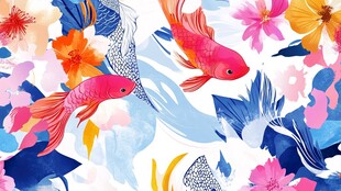 色彩斑斓的金鱼与花卉图案