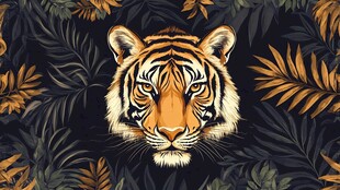 老虎与热带树叶的神秘融合