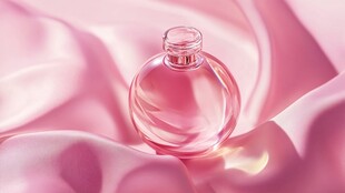 粉色香水瓶置于柔滑绸缎上