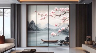 中式客厅玉兰花山水背景墙