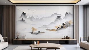 中式客厅山水壁画装饰美