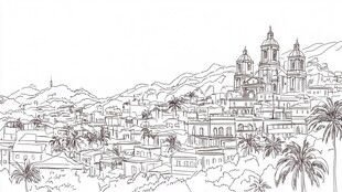 线条勾勒的异域城镇风光