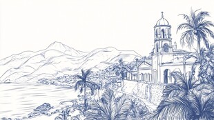 海滨教堂风光手绘插画