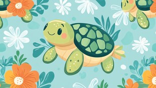 可爱海龟与花卉图案背景