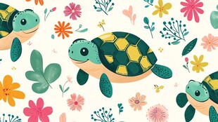 可爱海龟与缤纷花卉图案