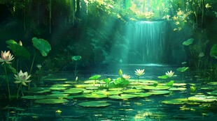 梦幻森林中的静谧荷花瀑布