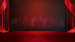 红色舞台幕布下的城市背景