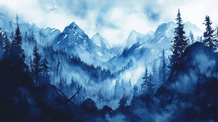 梦幻蓝调山林迷雾景致