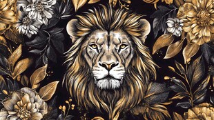 王者雄狮与繁花装饰图案