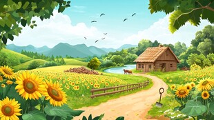 田园小屋旁的向日葵花田