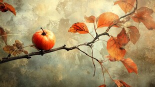 枝头红苹果与秋叶之美