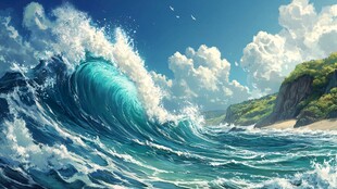 汹涌海浪下的海滨风光