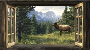 窗外鹿影与山林美景