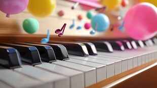 钢琴上的缤纷气球与音符