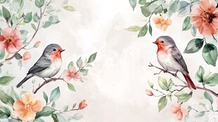 花鸟相依水彩画意境图