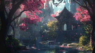 梦幻樱花环绕的静谧古亭