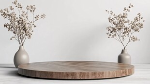 简约木质圆台与花瓶摆件