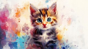 水彩风可爱小猫萌态尽显