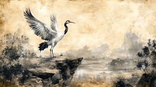 仙鹤立于崖畔展翅欲飞