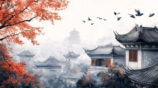 秋景中式古建筑飞鸟图
